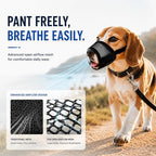 FDEETY anti biting and anti barking dog muzzle illustrating the lightweight comfortable fit on a large dog snout.