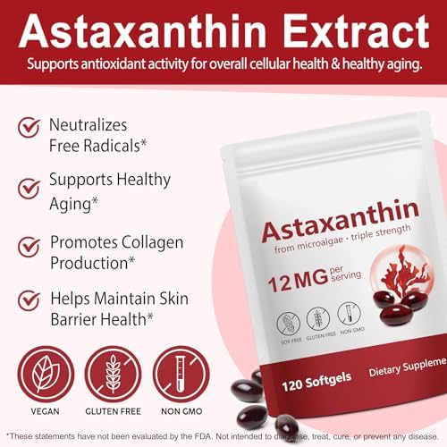 XINSZLIN Astaxanthin 12mg bottle showing supplement facts list and microalgae sourcing details