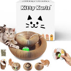 Kitty Kurlz interactive pet scratch pad being flexed and stretched into an open C-shape structure.