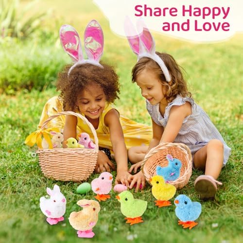 FEXXA plush hopping chick and rabbit toys arranged as festive birthday party favors