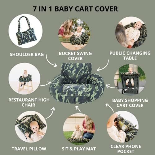 Ash + Clyde multi-use high chair cover inside a restaurant showing safety straps and phone pocket