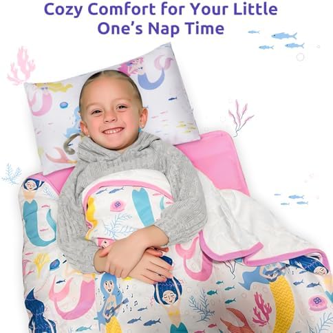 Kincongi preschool nap mat showing removable pillow insert sleeve separation