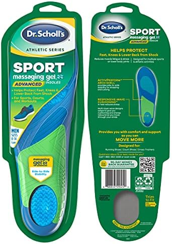 Underneath view of sport insole showing the trim-to-fit size guide and blue gel waves.