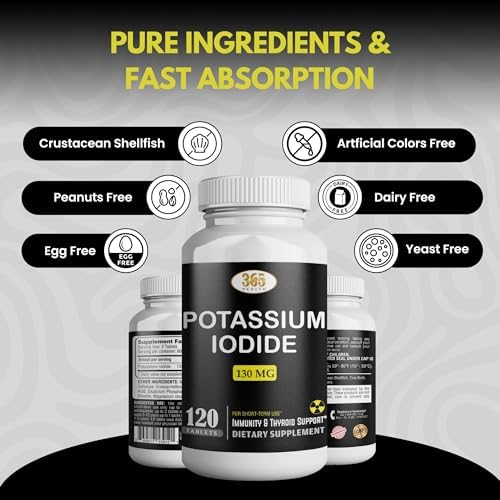 USA imported potassium iodide 120 tablets packaging showing allergen free certifications