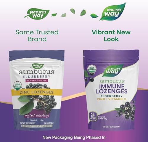 Nature's Way Sambucus 24 lozenges pack side view showing vegan and gluten free certifications
