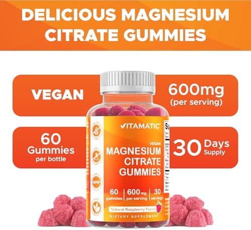 Vitamatic Magnesium Citrate 600mg raspberry flavor gummies bottle showcasing allergen free certification symbols