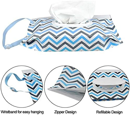 Baby wipes carrying case hanging on a stroller handle