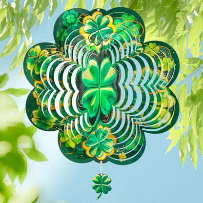 Close up of 12 inch green stainless steel shamrock garden decor