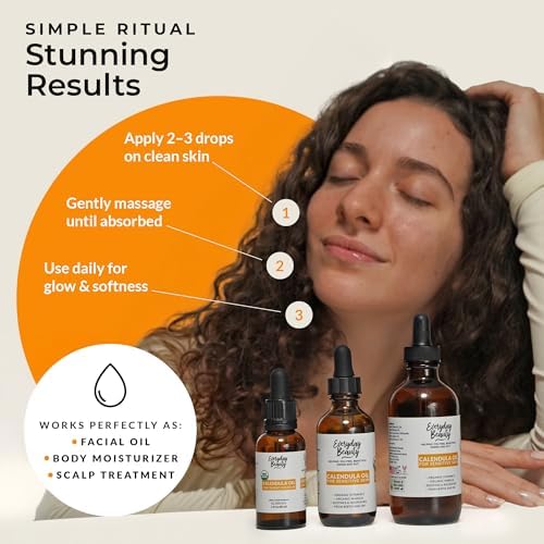 Everyday Beauty unscented lightweight marula and vitamin E infused calendula oil bottle close up.