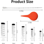 Five transparent graduated pet feeding syringes ranging from 5 to 60 milliliters for precise measurement.