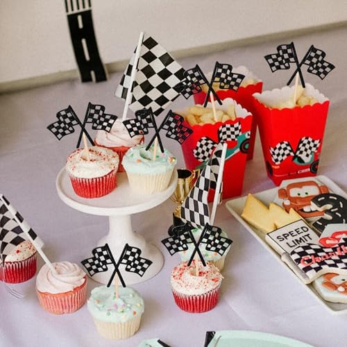 Side view showing glitter finish of finish line flag cupcake picks