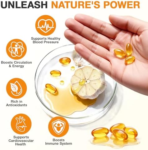 Natural non-GMO aged garlic supplement bottle showing easy to swallow softgels