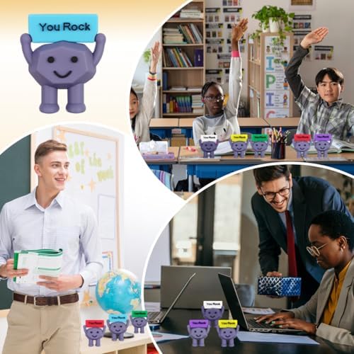 A collection of forty eight pieces of miniature rock toys displayed together as corporate employee appreciation gifts.