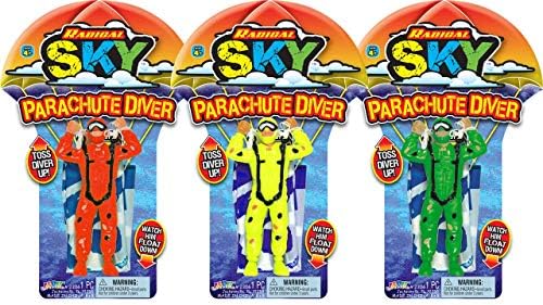 Three assorted colors of JA-RU radical sky parachute divers displayed together for party favors.