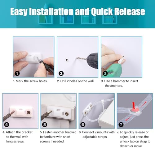 The complete package contents layout of the twelve set baby proofing anchoring kit with anchors brackets and hardware neatly organized.