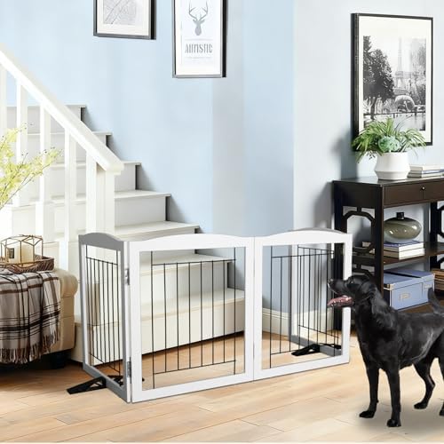 ZJSF white pet gate for stairs showing the sturdy wood frame and electroplated steel bars
