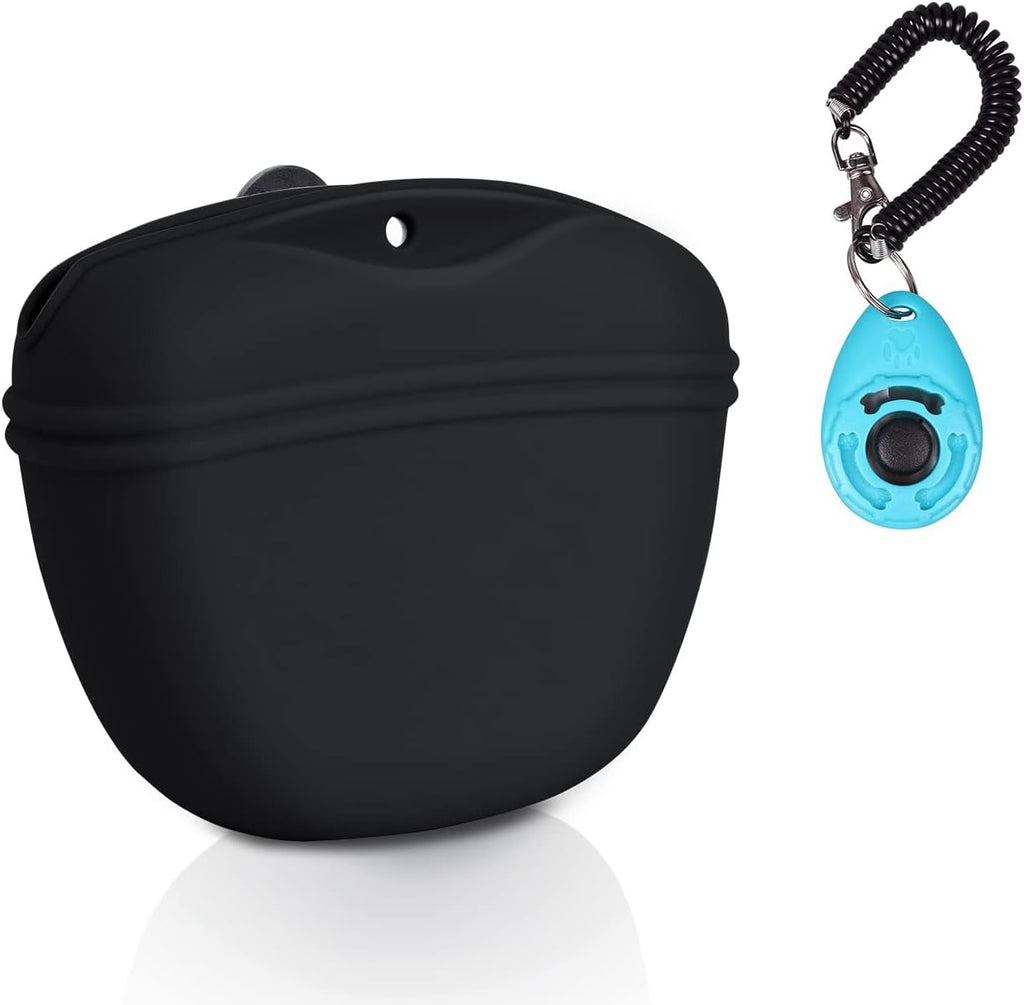 Left&Right dog clicker training kit front view with black silicone treat pouch and pet training clickers
