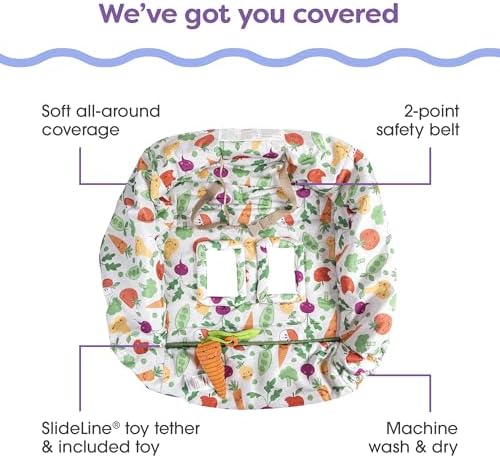 Close up of the padded leg holes and the integrated two point safety harness on the baby seat cover.