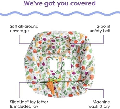 Close up of the padded leg holes and the integrated two point safety harness on the baby seat cover.