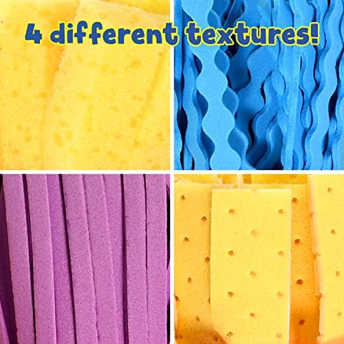 Close up of the four unique foam and sponge tips on the READY 2 LEARN toddler paint brushes.