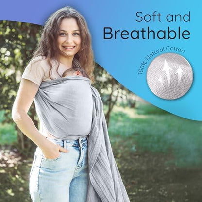 Ergonomic positioning of an infant inside the Mebien grey Turkish cotton ring sling.