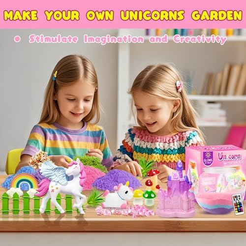 Unicorn toys for girls demonstrating the seventeen color mode LED night light illuminated in a dark bedroom.