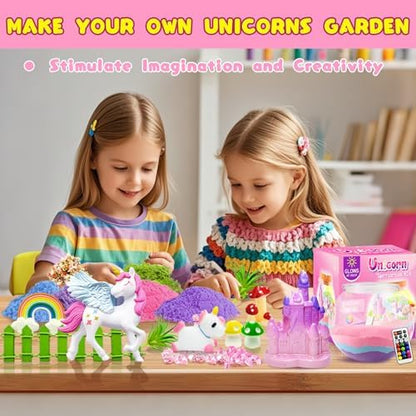 Unicorn toys for girls demonstrating the seventeen color mode LED night light illuminated in a dark bedroom.