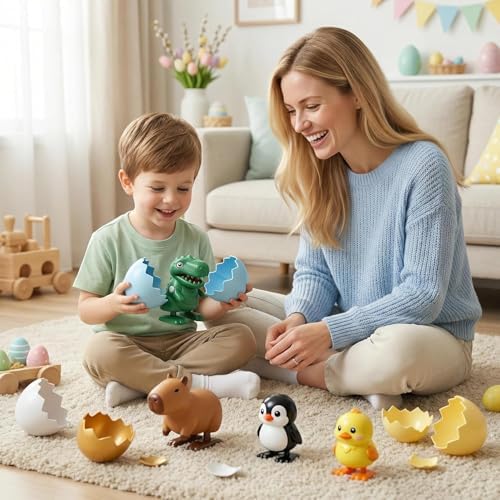Keyrose clockwork walking capybara animal figure standing outside its open two piece yellow egg shell