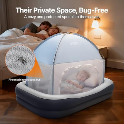 OGERY portable toddler bed displaying the protective four sided safety bumpers designed to prevent roll offs