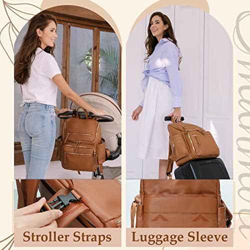 Omanmoli brown diaper bag backpack back view with luggage sleeve