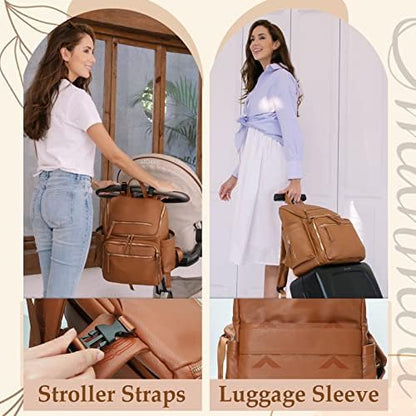 Side view of brown Omanmoli leather diaper bag highlighting the elasticized side pockets for water bottles
