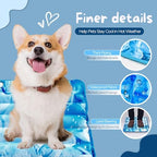 Small puppy relaxing on a blue non slip pet cooling mat indoors.