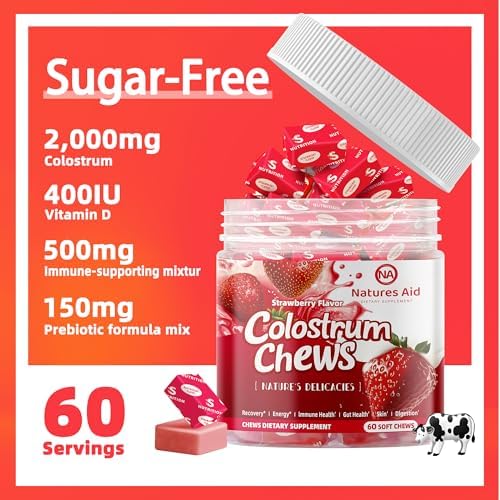 Chewable strawberry flavored colostrum and probiotic tablets for bloating relief.