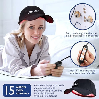 Model wearing Nicoler laser cap for hair thinning