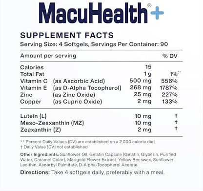 Macuhealth Plus+ triple carotenoid formula label close up