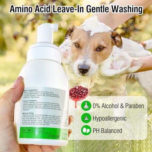 Hypoallergenic no rinse pet cleanser packaging highlighting paraben free label.