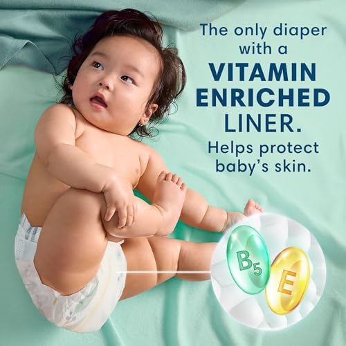 Side view of Pampers Pure Size 1 diaper demonstrating the flexible fastening tabs and dual leak-guard leg barriers.