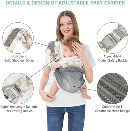 Close up of the padded single shoulder strap and secure adjustment buckle of the green sling
