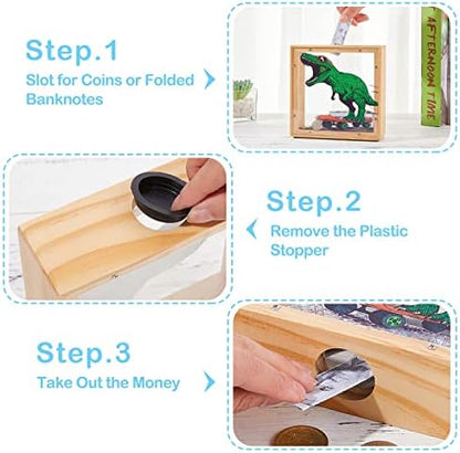 ICOSY DIY kids bank highlighting the removable bottom plastic plug for easy money retrieval