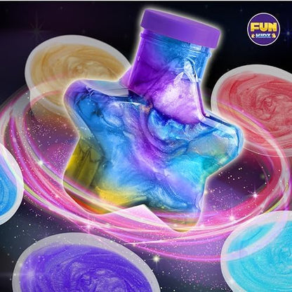 Children mixing purple and blue metallic slime with star sequins using tools from the FunKidz kit