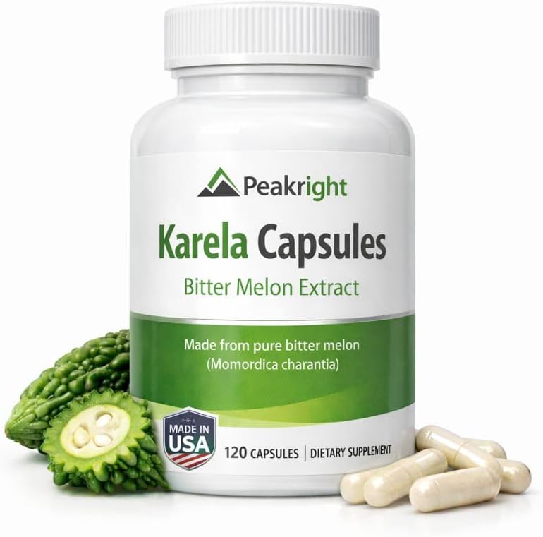 Vogue Peakright Karela Bitter Melon 120 Capsules front view showcasing herbal wellness packaging.