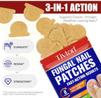 Comparison showing brittle yellowed nails and healthy restored nails after using VigorWell patches.