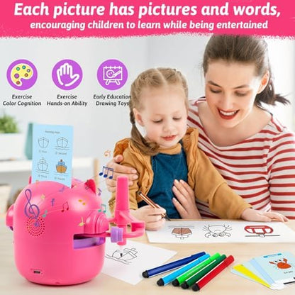 Interactive automated painting robot scanning educational word cards on a white background