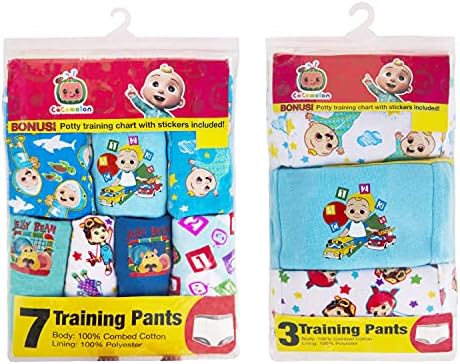 CoComelon unisex toddler training pants packaging showcasing the imported premium combed cotton quality.