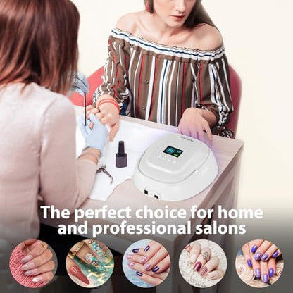 Purtato nail dryer in a home salon setting for gel polish application