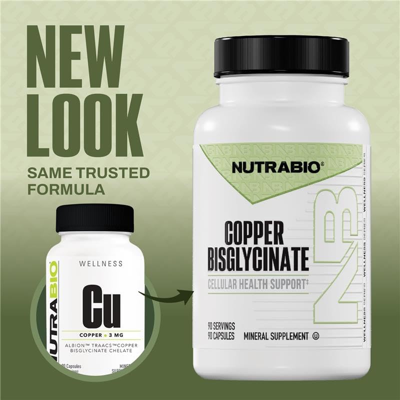 NutraBio Copper Bisglycinate 90 vegetable capsules supplement facts label