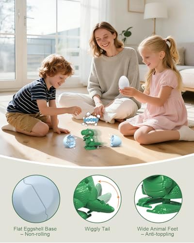 Children interacting with the reusable dinosaur and penguin waddling toys on a flat playroom floor.