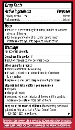 Side view of Leader Artificial Tears bottle highlighting sterile lubricant benefits