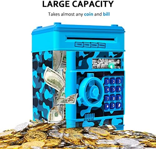 Vcertcpl mini coin bank vault showing the bottom battery compartment and sturdy plastic base construction