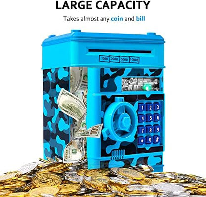 Vcertcpl mini coin bank vault showing the bottom battery compartment and sturdy plastic base construction